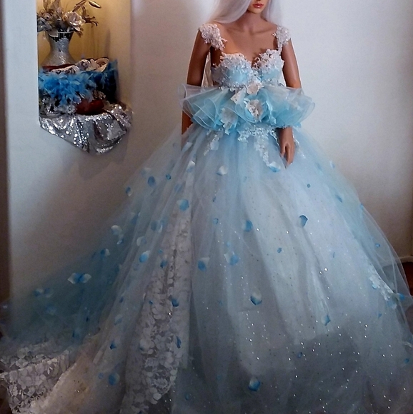 "SERENITY" Blue & White Boho Babydoll Ballgown Set - Picture 2 of 12